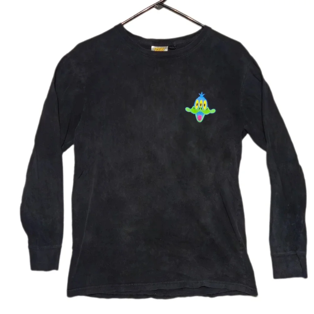 Looney Tunes Mens Small Black Looney Records Trippy Daffy Duck Long Sleeve Shirt